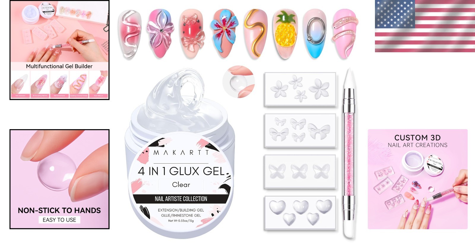 3D Nail Gel Art Set – 4 Silicone Molds & 15ML Builder Gel for Stunning Designs