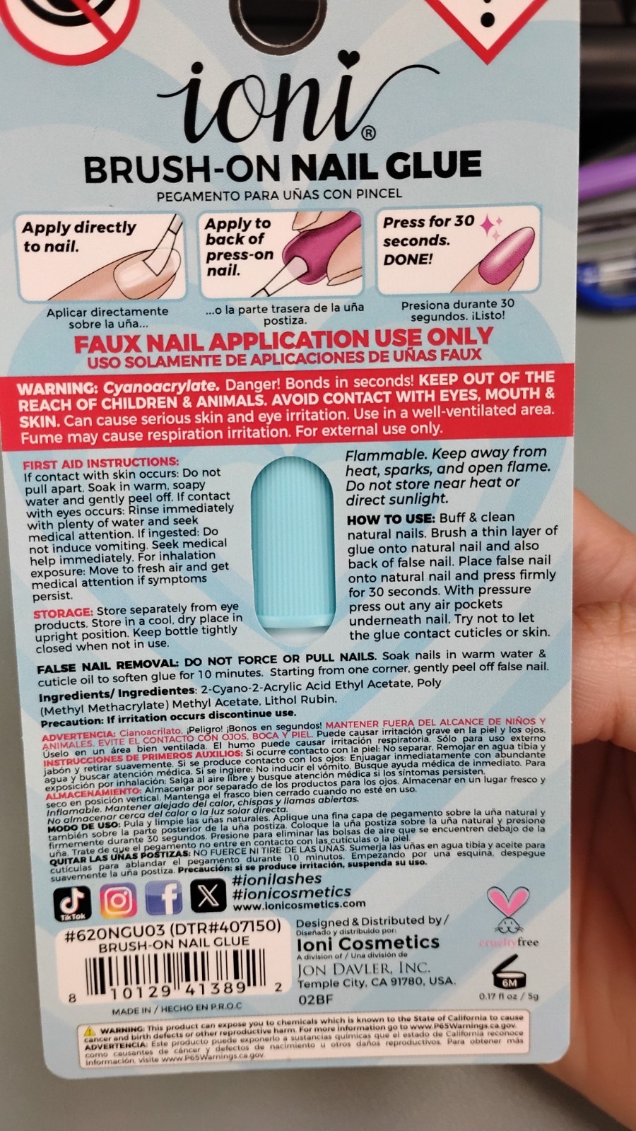 ioni Brush-On Nail Glue Clear 0.17 fl oz (5g) Quick Dry Cruelty-Free