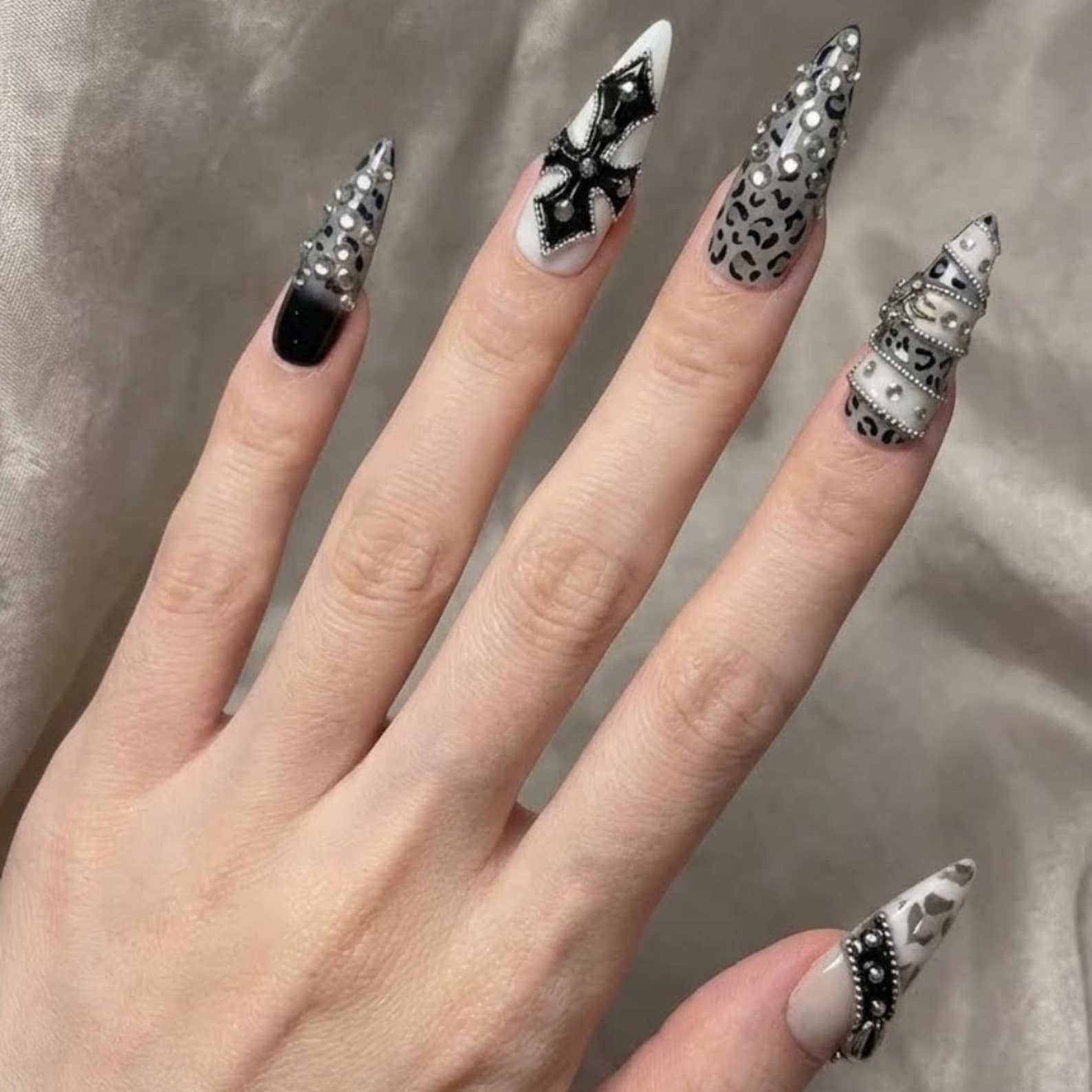 Handmade Black Leopard Cross Chain Rhinestone Long Stiletto Press on Nails