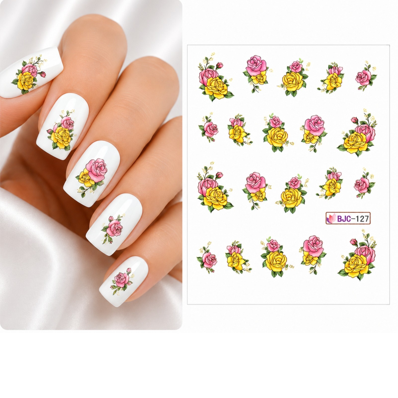 Yellow Fuschia Rose Flower Water Transfer Nail Spring Decals Manicure Blossom