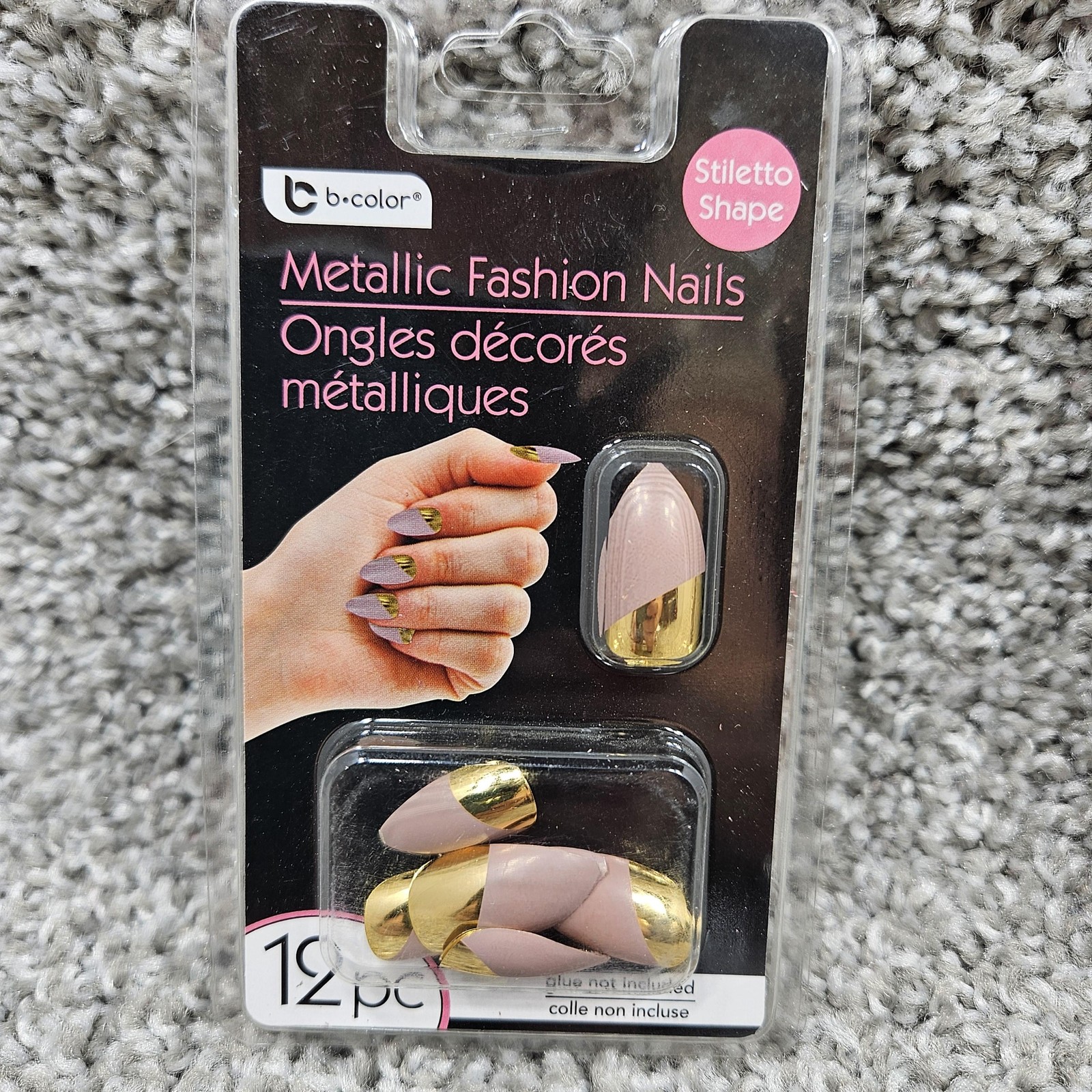 B-Color Metallic Fashion Nails Set 3 Pack Stiletto Shape 12pc Glue On Gold Tips