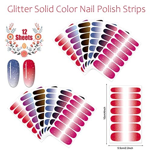 168 Pieces 12 Sheets Glitter for Short Nails Self Gradient Color Nail Wraps