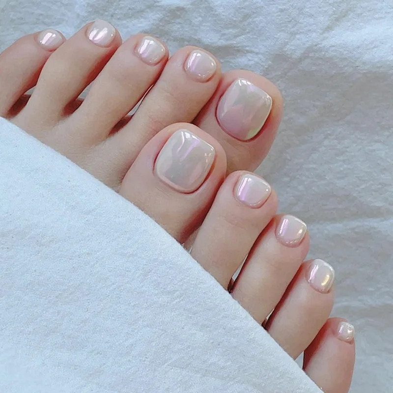 24pcs Sweet Pink Glitter Toenails French White Edge Detachable