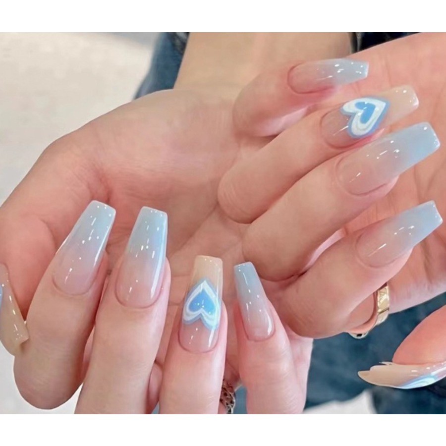 48 Pcs Light Blue Heart Gradient Coffin Press on Nails, Glossy Trendy Fake Nails