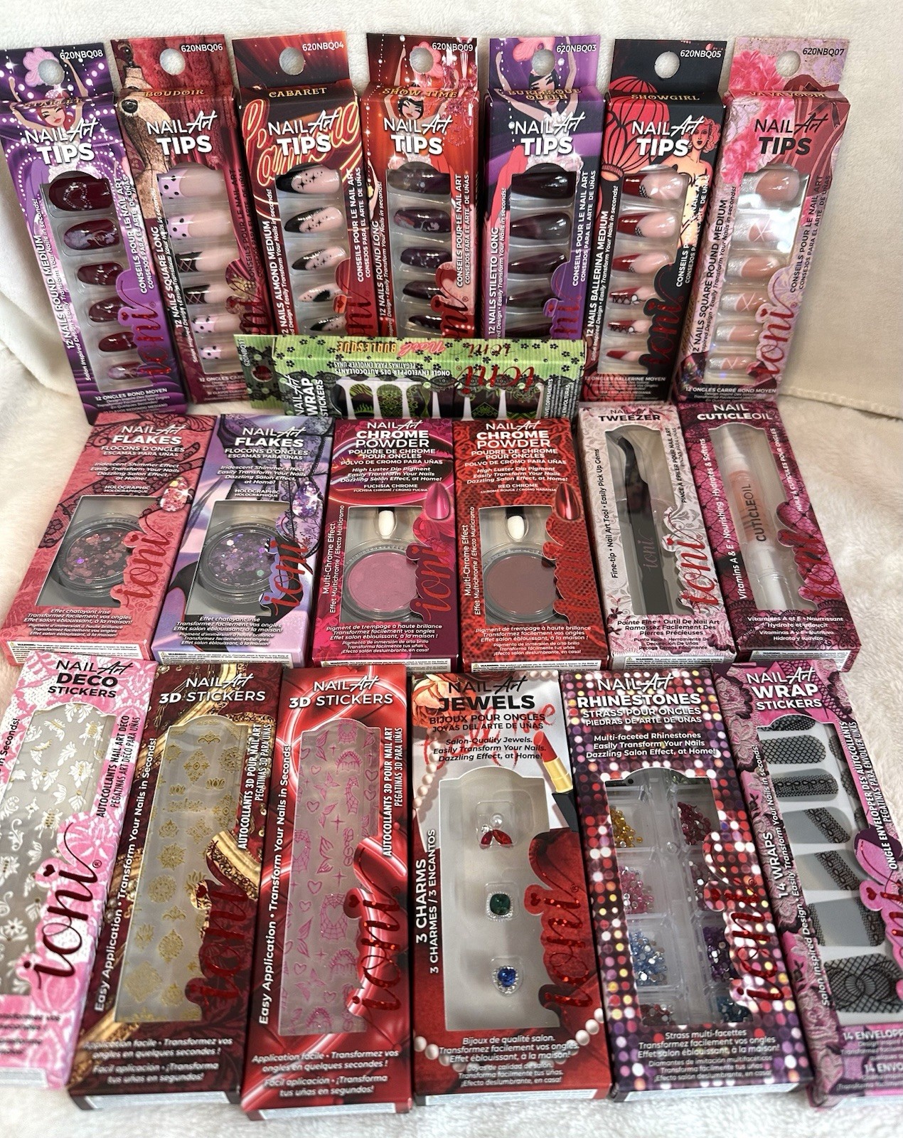Brand New Ioni Nail Art ~Lot Of 20~Chrome Powder, Wraps,Stickers,Tips,Flakes,Oil