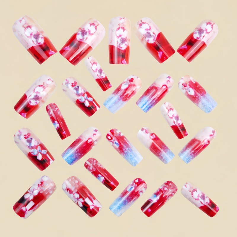48PCS luxury pink purple gradient red diamond press in nail art, reusable nail