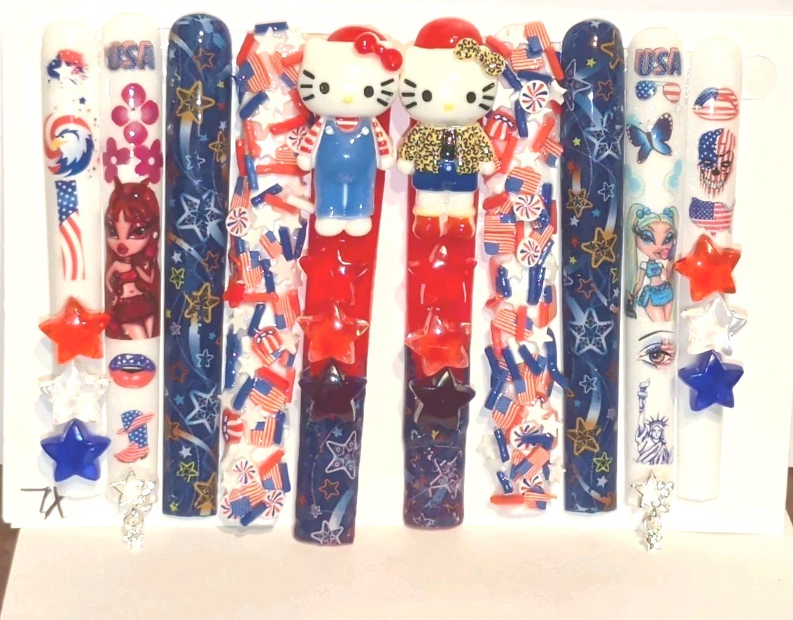 Hand Crafted Patriotic 6Xl Press-On Nails Set — Red,White & Blue Stars SZ XL