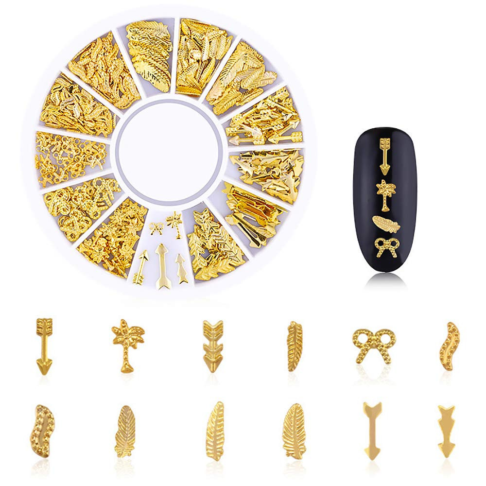 6 Boxes Gold Nail Charms Studs Rose Star Moon Feather Shape Metal Nail 3D Charm