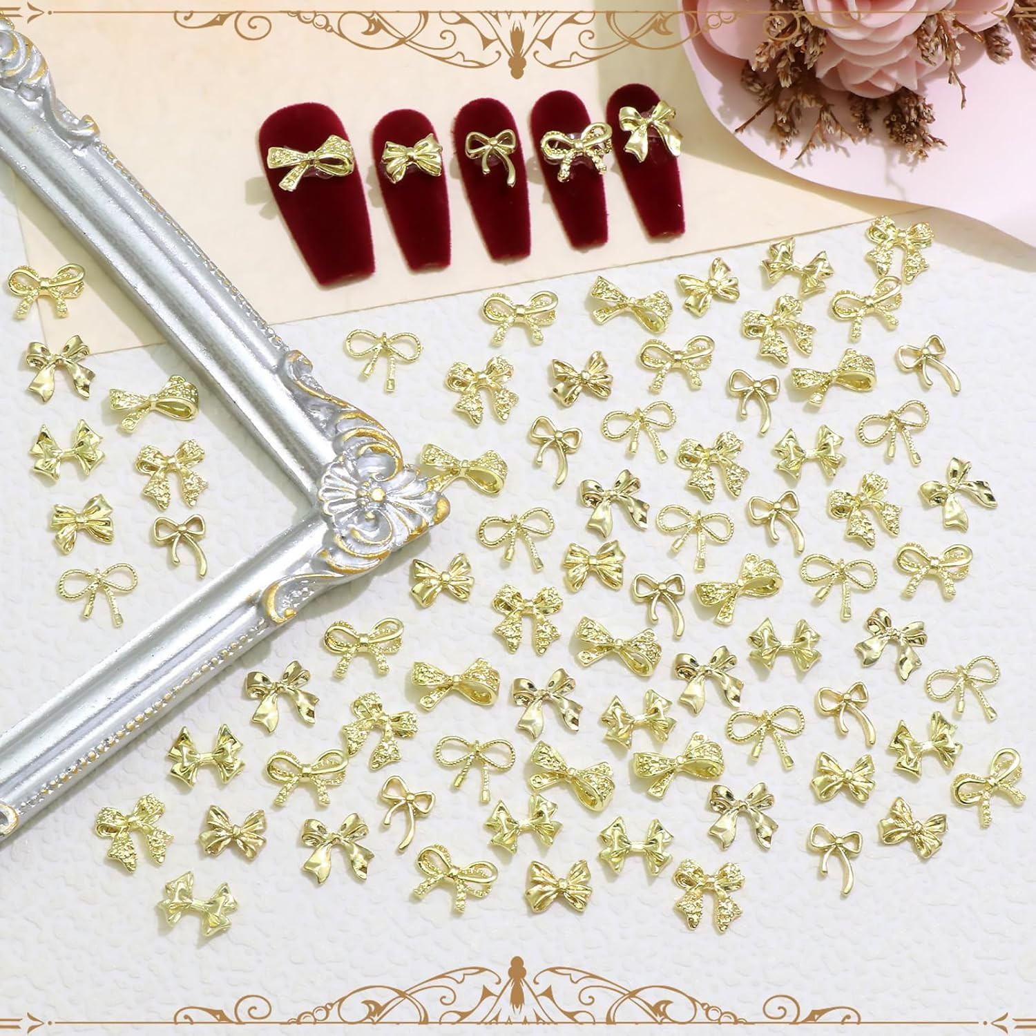 80PCS Gold Bow Charms 8 Styles Metal Alloy Bowknot Gems 3D Nail Art Decoration C