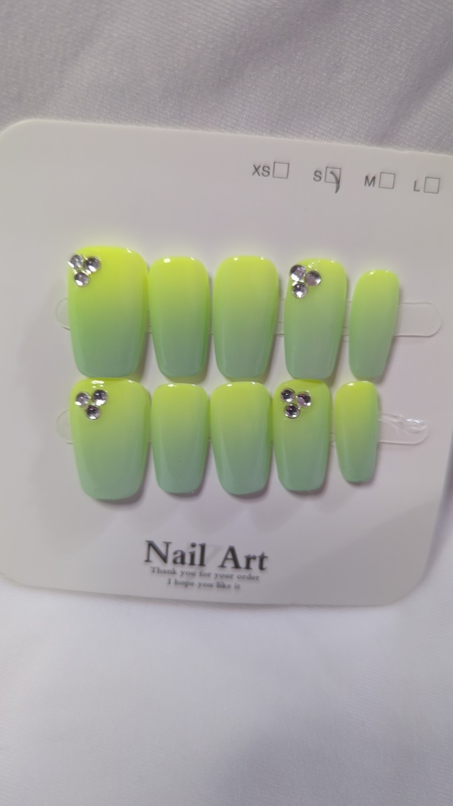 Green Yellow Ombre Shiny Rhinestone Coffin Short Press-On Nails Set
