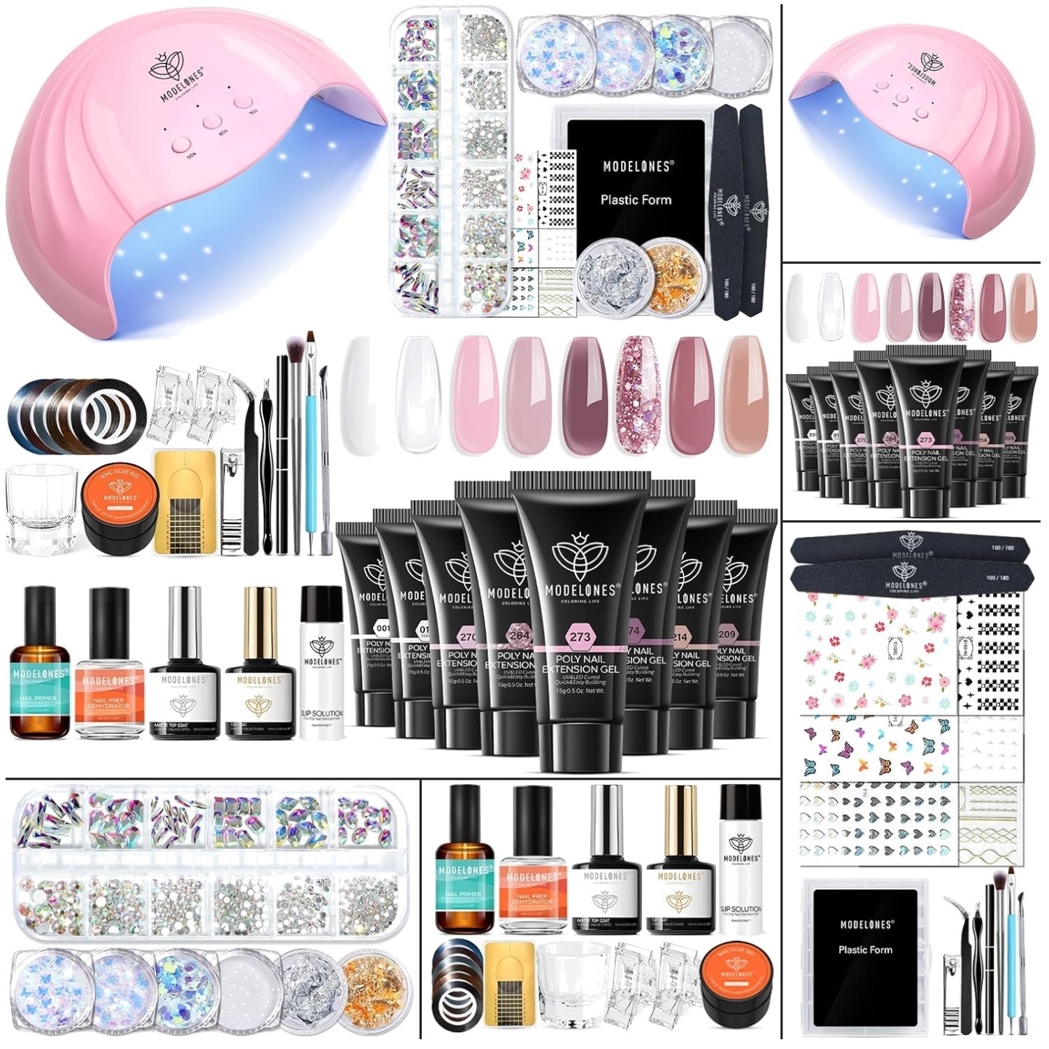 Poly Nail Gel Kit 8 Colors Rosy Pink + 48W Lamp