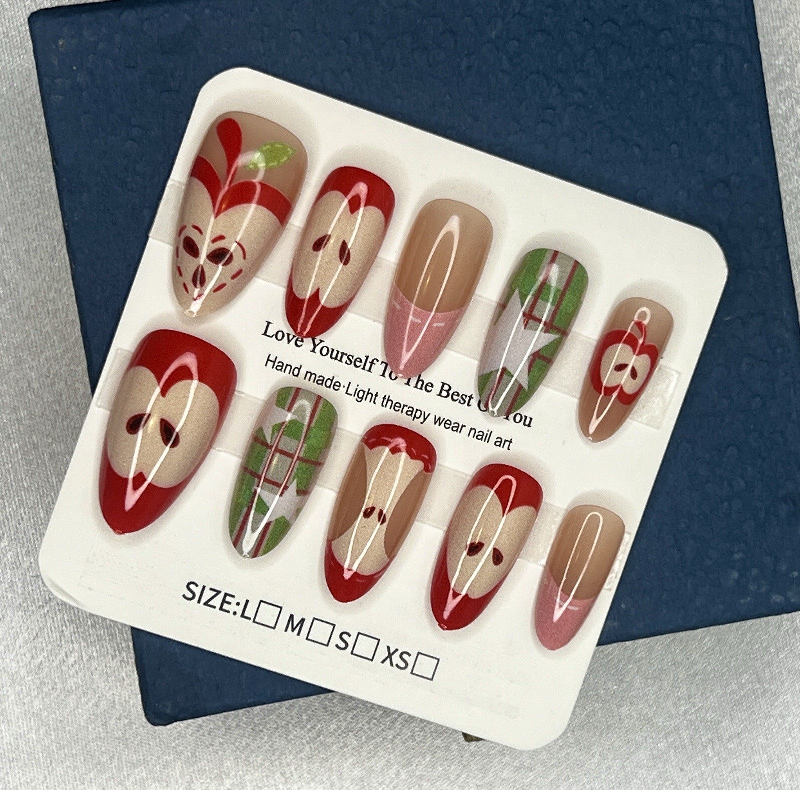 Long Almond Press-On Nails Set Apple Theme Shiny Full Cover Red Beige size L