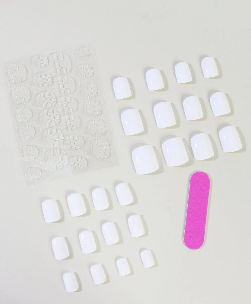 FULL COVER *WHITE* SHORT Press On 24 Pieces Nail Tips Kit With Glue