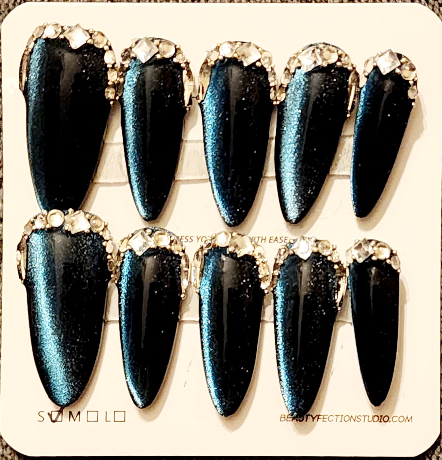 Long Blue Cats Eye Almond Press on Nails With Glue Tabs Bling Reusable New Small