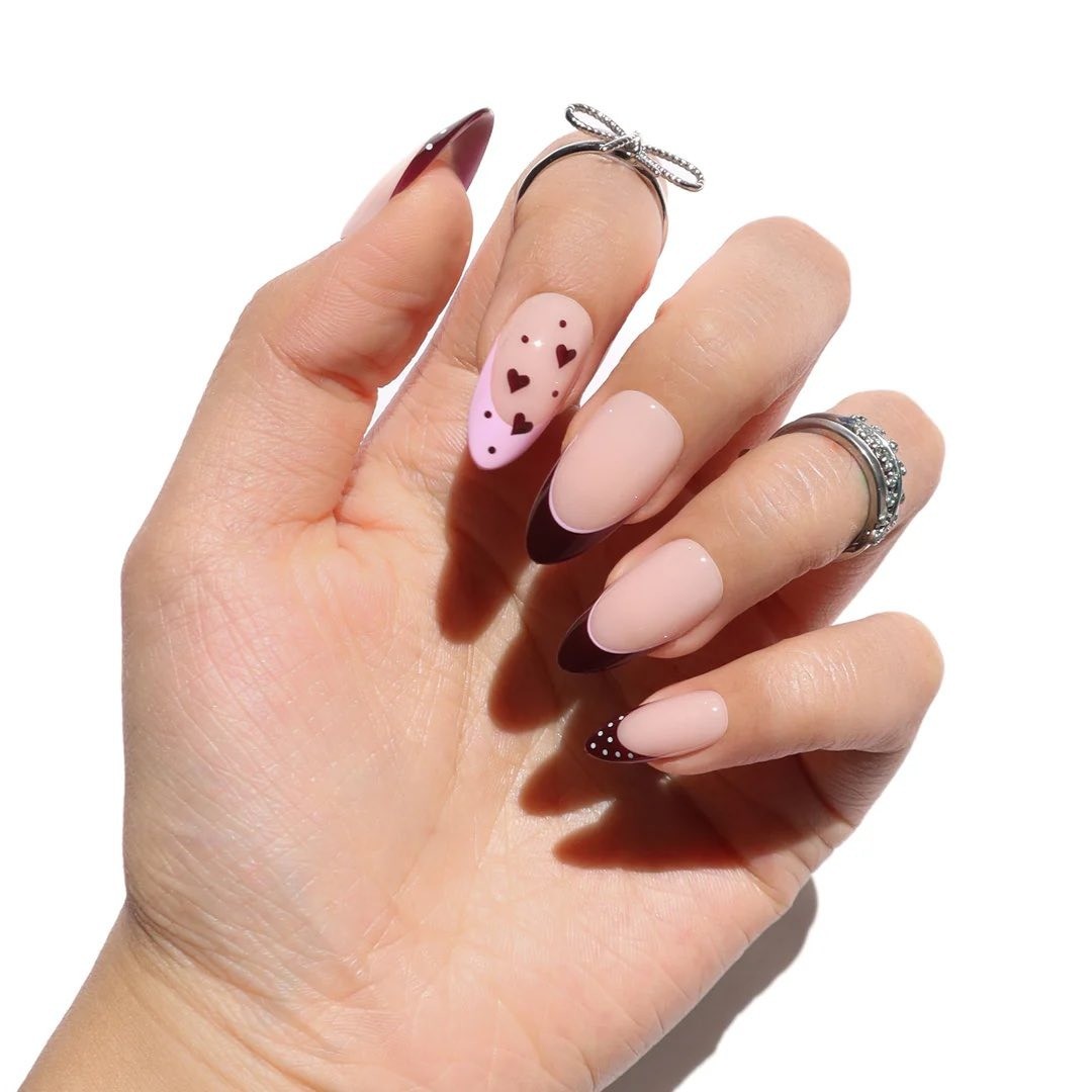 Nail Reformation Press On Nails Chocolate Kiss Heart Polka Dot Almond 30ct Kit
