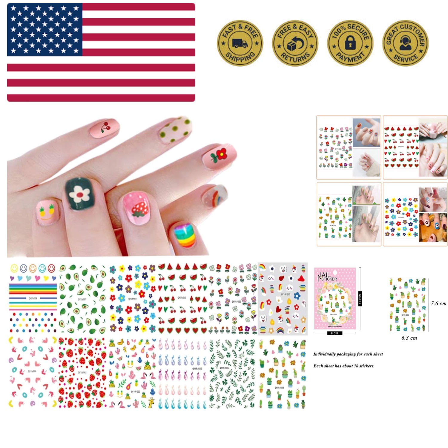 Nail Stickers for Women and Little Girls – 12 Sheets 3D Self-Adhesive DIY Nai…