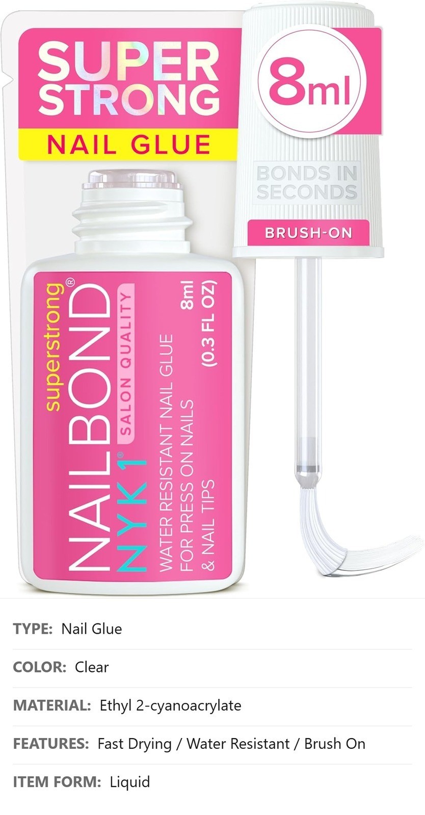 Nail Glue, Brush On, 8ml, Fast Drying, Super Strong, Water Resistant