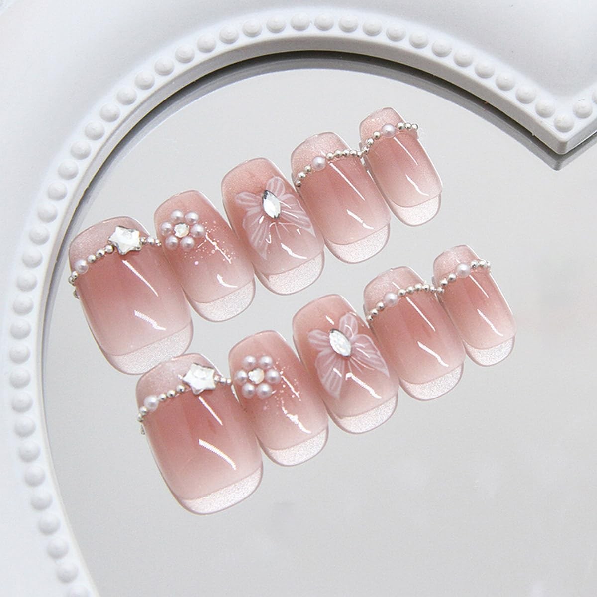 Butterfly Square Fake Nails Medium Length French Tip Press Nails Glitter Full…