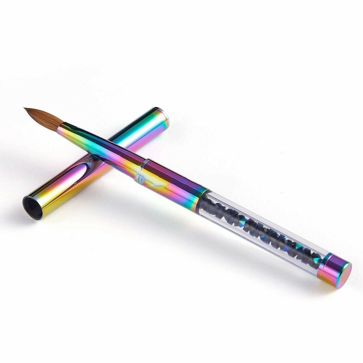 100% Kolinsky Acrylic Nail Brush With Cap Rainbow Crystal Handle 6-14 (CRIMPED)