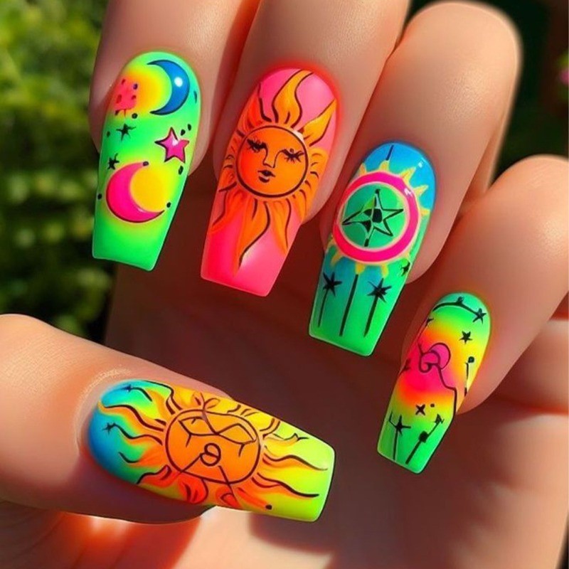 48pcs-Neon Sun & Moon Press on Nails, Coffin Shape with Psychedelic Gradient