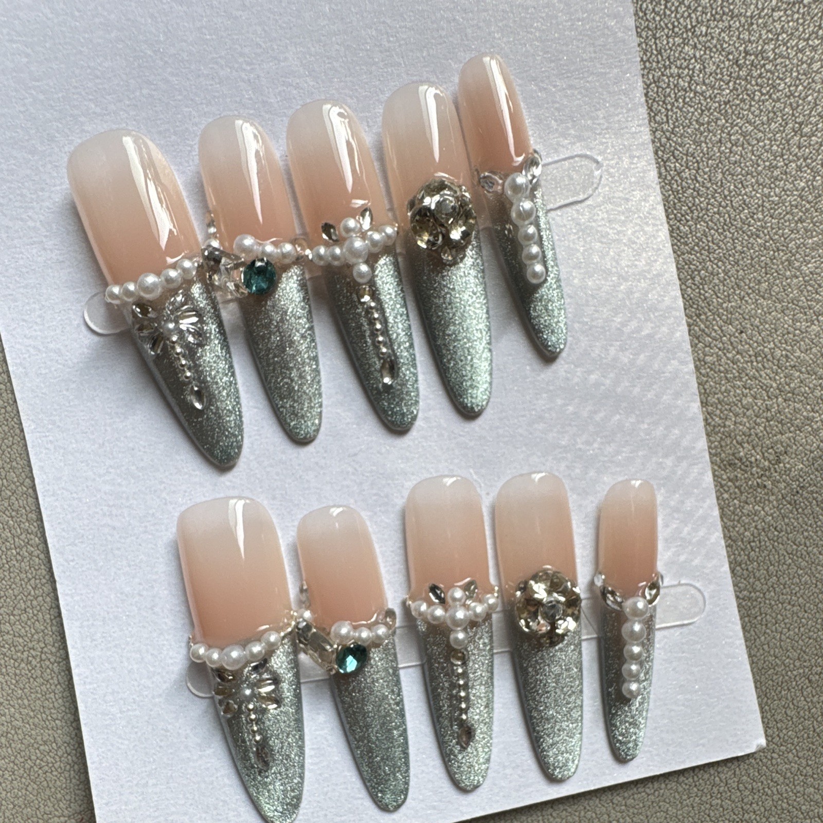 Press-On Nails Long Coffin Nude/Silver Glitter Pearl Rhinestone Full Cover