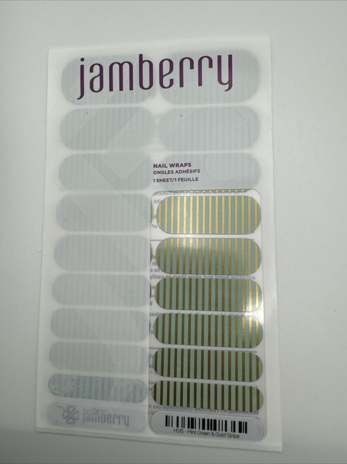 Jamberry Nail Wraps Mint green & Gold stripe Full Sheet (metallic)