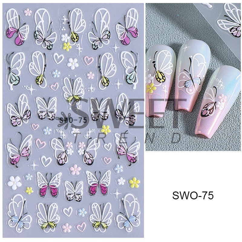 5D Red Pink Flower Camellia Nail Stickers Geometric Floral Butterfly Daisy Decal
