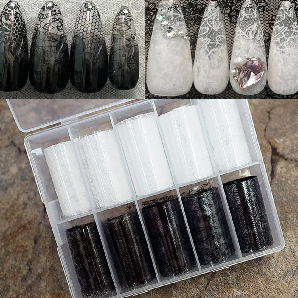 10 Rolls/Box New Black&White Lace Nail Transfer Stickers Sexy Lace Flower Full