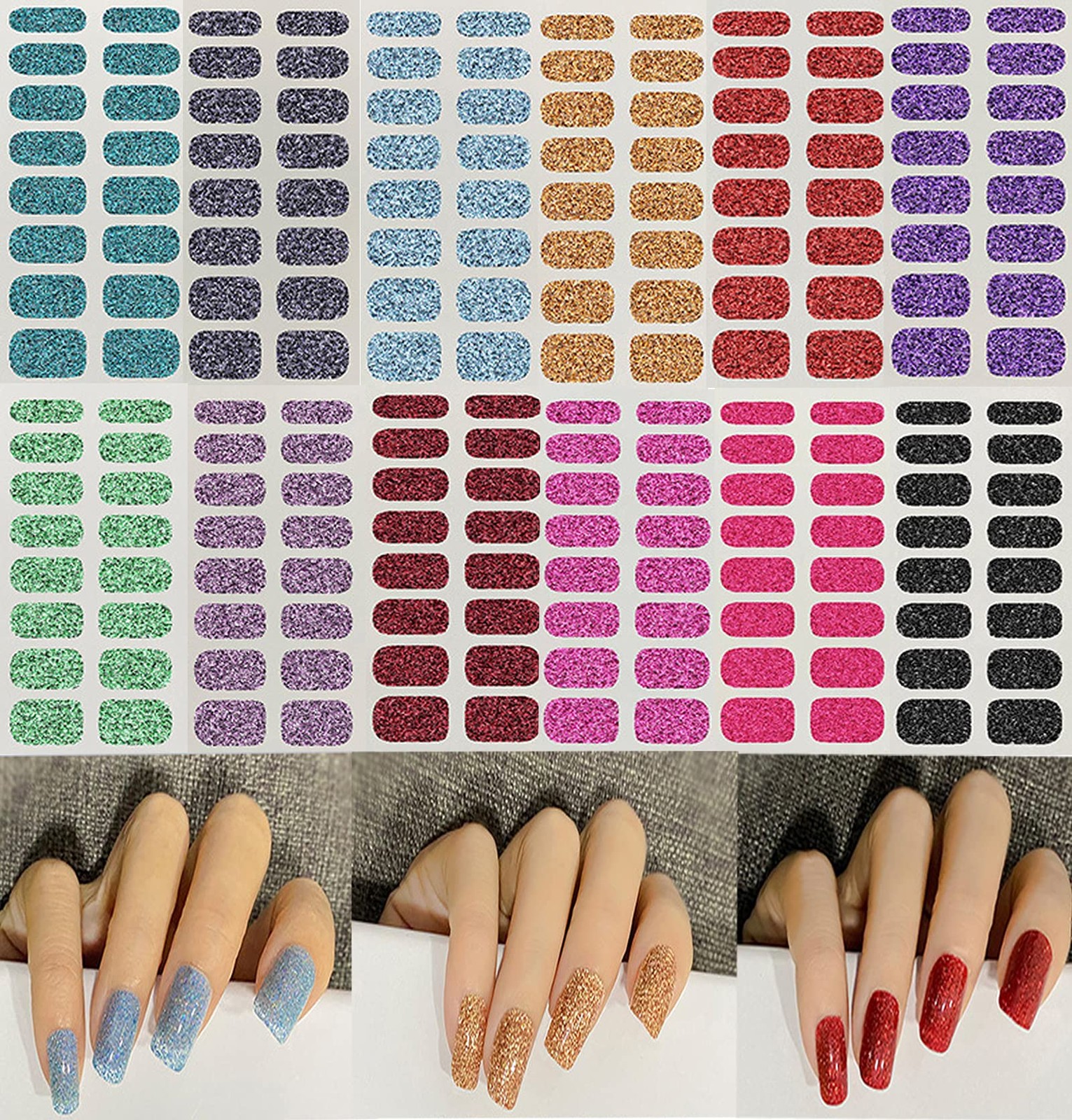12 Sheets Glitter Nail Wraps Nail Polish Strips Solid Color Nail Polish Stick…