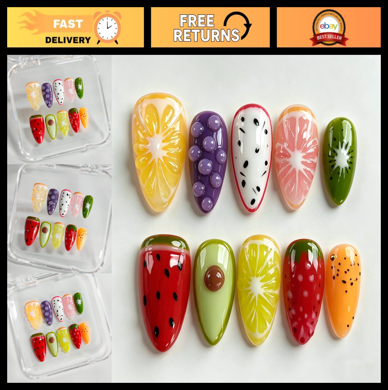 3D Fruit Almond Press-On Nails – Medium Length Cute Thick Acrylic Fake Nails, 10