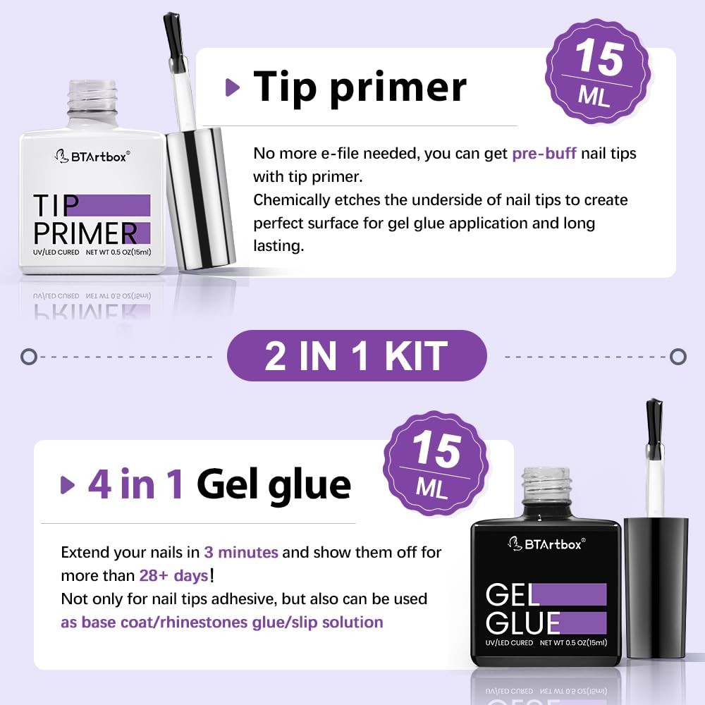 Nail Glue & Primer Set – 2×0.5 Fl Oz Acrylic Gel, Long Lasting UV for Press O…