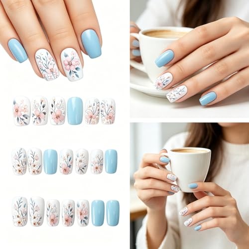 Pink Flowers Press on Nails – Short Square Spring Floral Fake Nails – Flowers 01