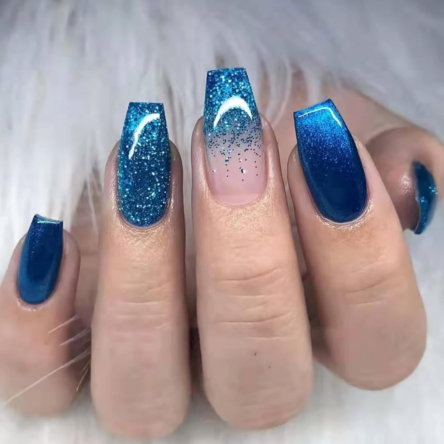 Press on Nails – Medium Coffin Glue on Nails with Blue Ombre, Acrylic Bling Glit
