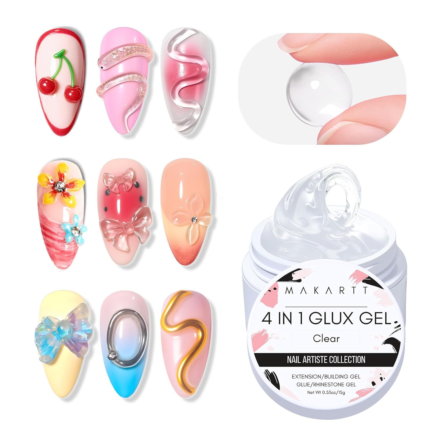 3D Gel Nail Art, Clear Non-Sticky 4-In-1 Glux Gel | for Molding, Carving, Shapin