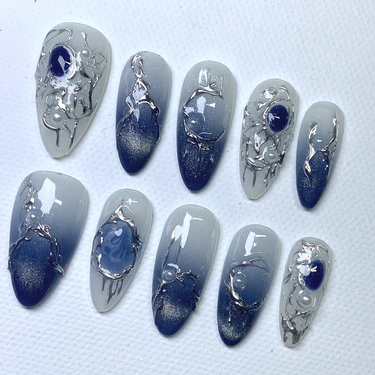 Handmade Blue Gradient Silver Metal Gem Pearl Long Stiletto Press on Nails