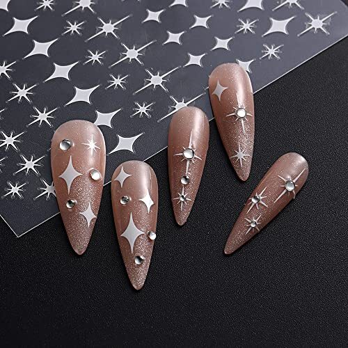 8 Sheet Shiny Gold Stars Nail Stickers Silver 3D Four-Pointed Star Nail