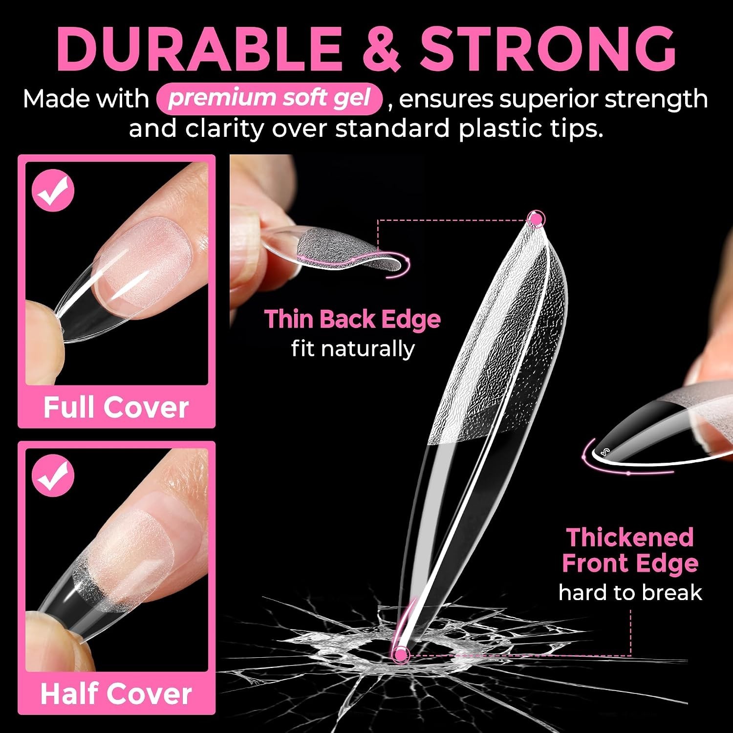 Almond Nail Tips Medium 216pcs X-Soft Gel Press On Nails | 12 Sizes Fake Nail…