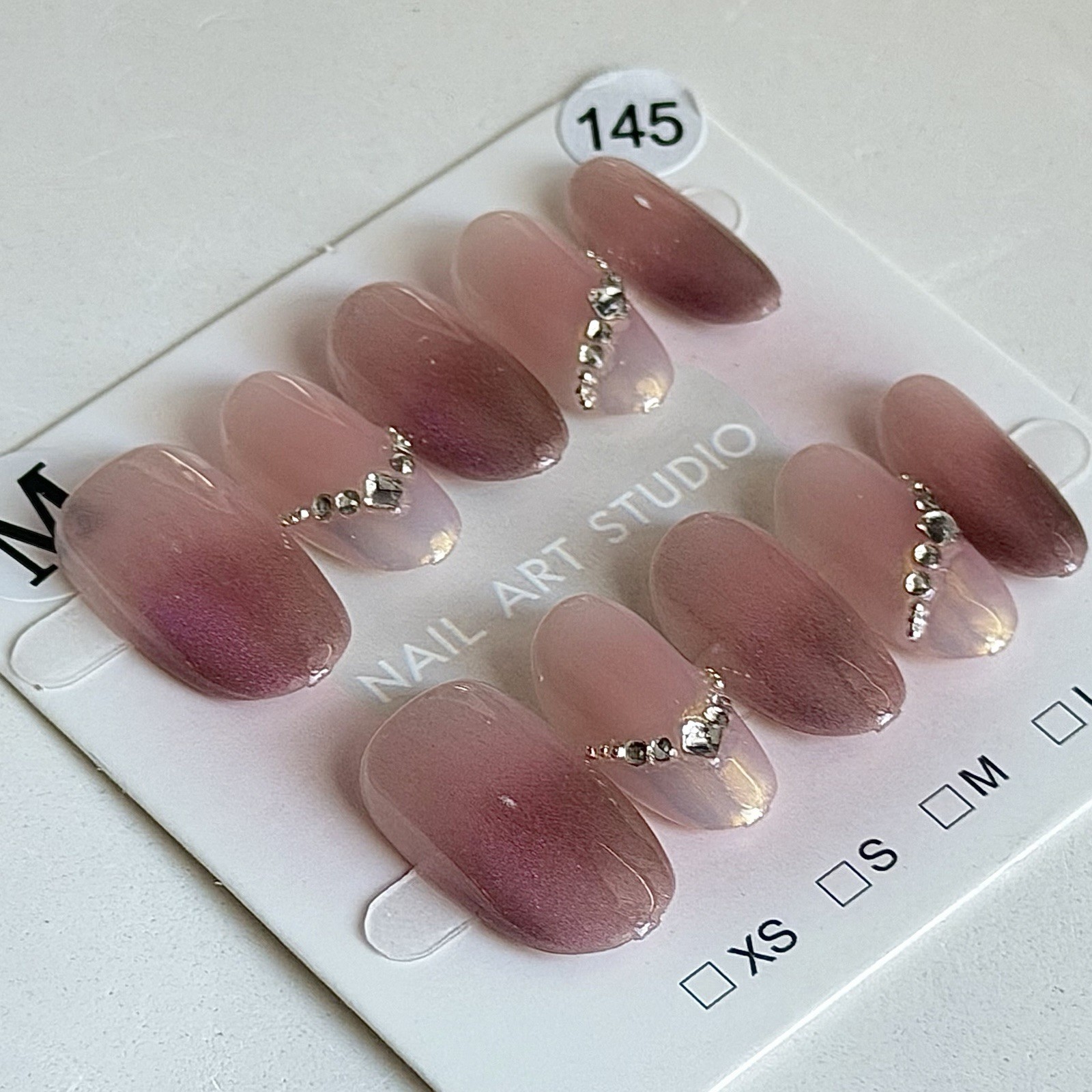 Handmade Pink OmbrePress-On Nails with Rhinestone Reusable Fake Nail Short Oval