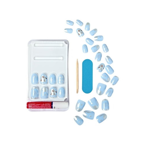 KISS Voguish Fantasy, Press on Nails, Snowman Nose, Blue, Short Oval, 28 Count