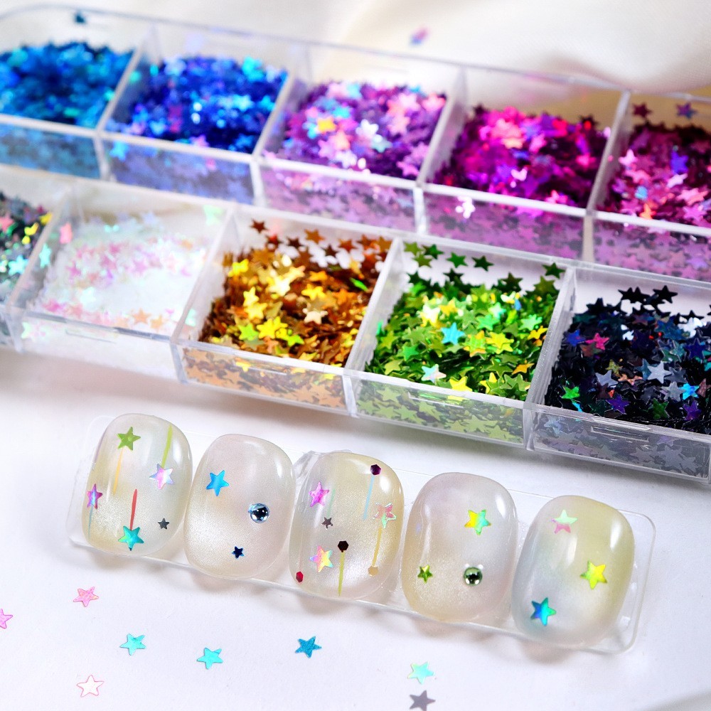 12 Grids Laser Five-Pointed Star Nail Art Glitter Sequins Flakes for DIY Nails