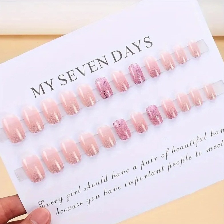 Luxury Pink Glitter Ombre Square Press On Nails with Rhinestones