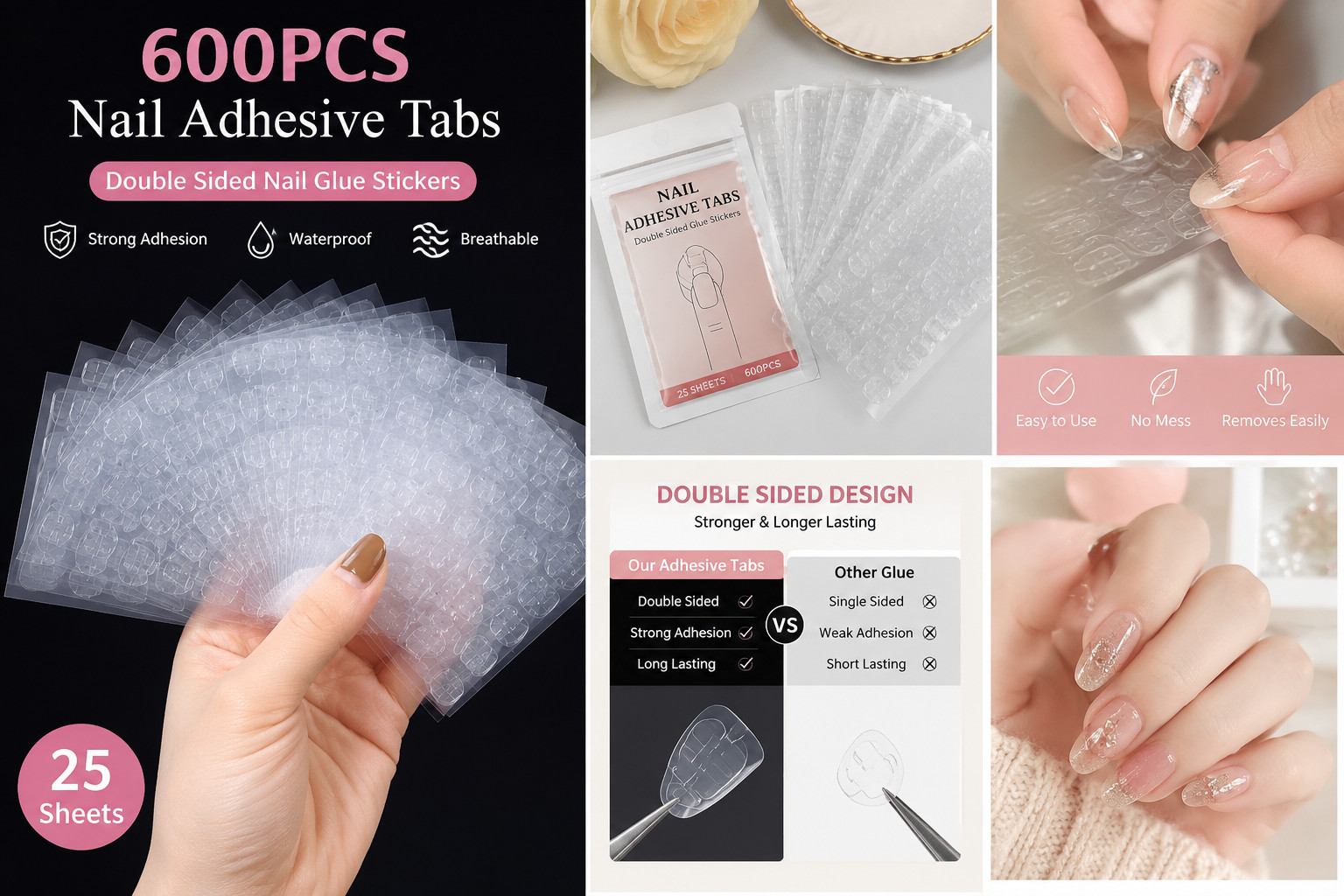 600PCS Clear Nail Glue Tabs Waterproof Adhesive for Fake & Press On Nails
