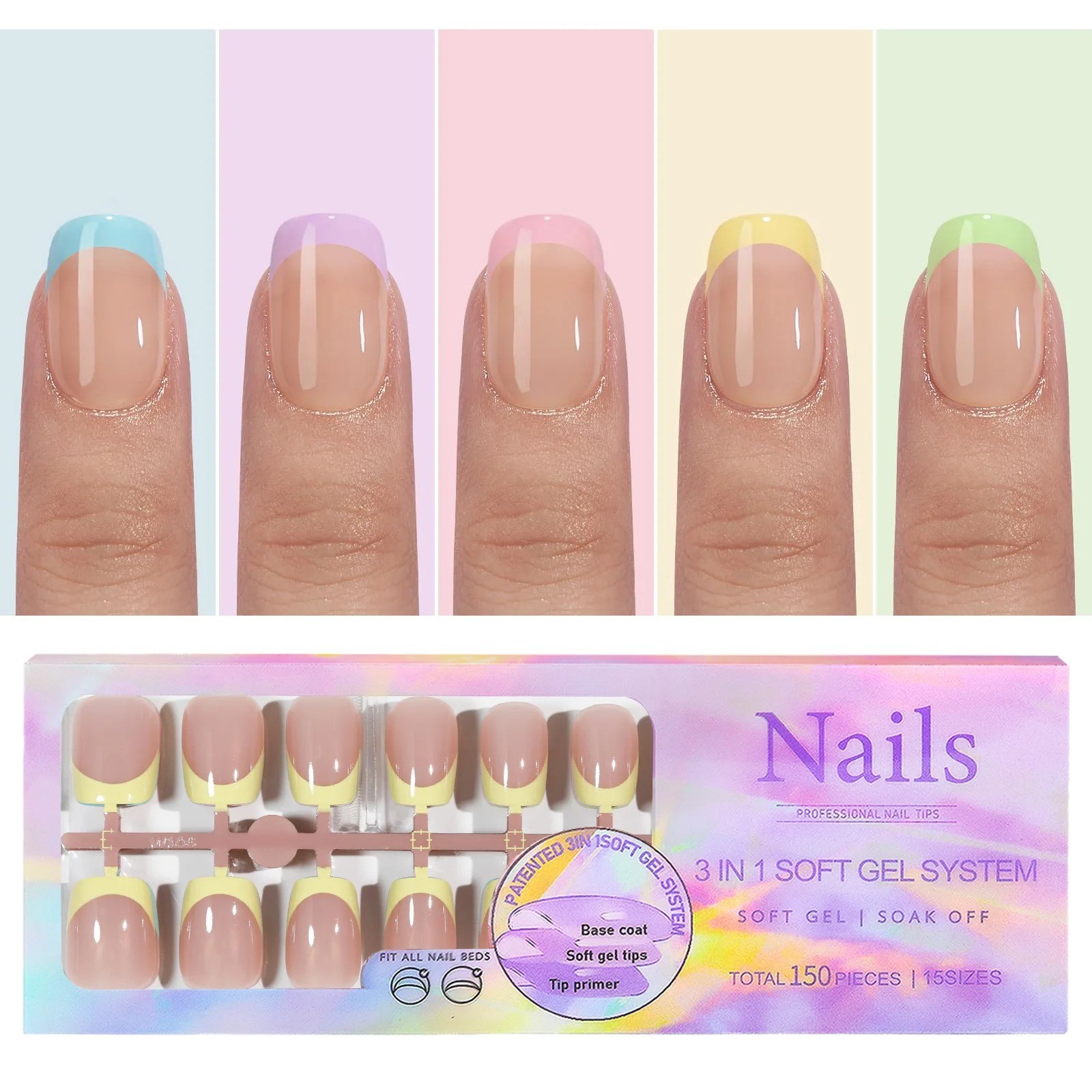 150pcs 6 Colors Fake Nail Multi-size False Nail Press On Acrylic Nails Almond Fr
