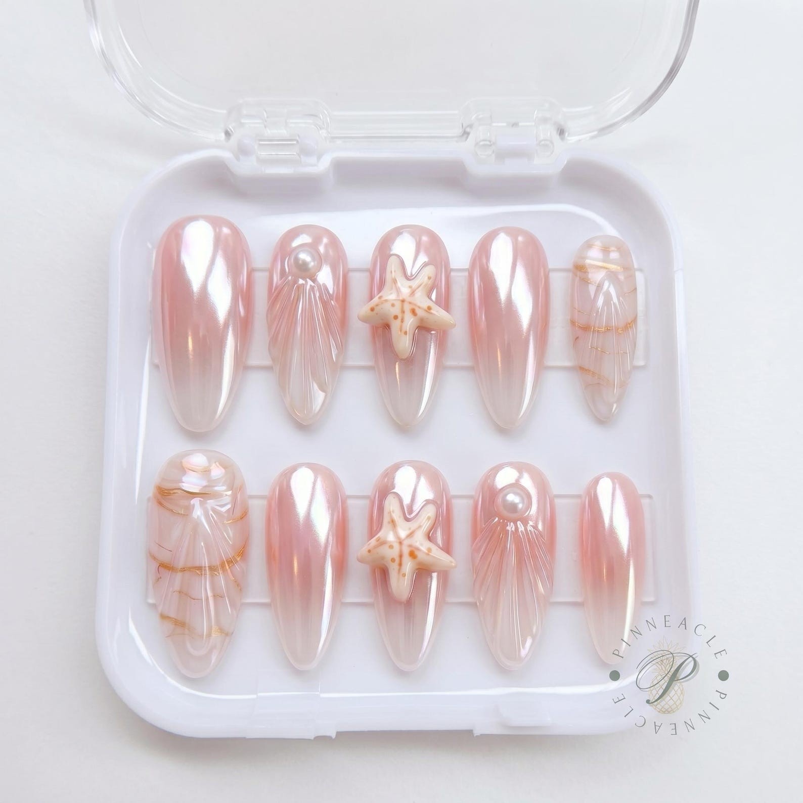 Handmade Pink Aurora Gradient Starfish Shell Pearl Medium Almond Press on Nails