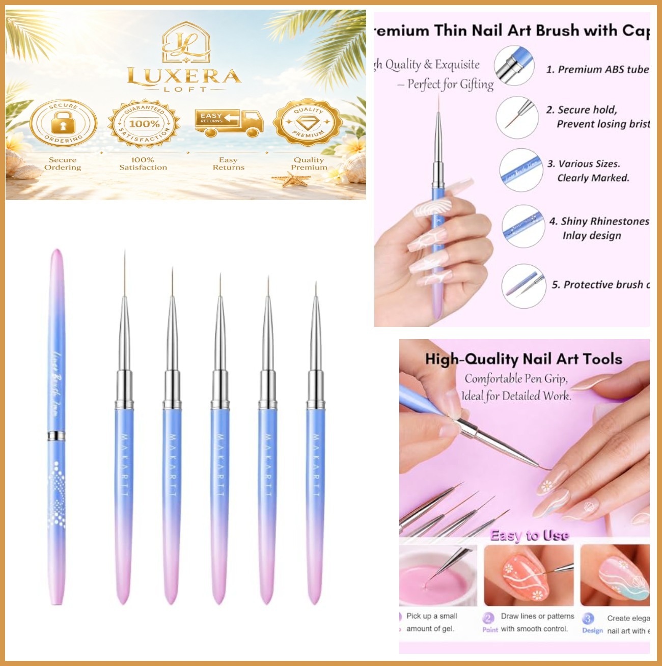 Nail Art Brushes Set 5 Pack Liner Brushes 7 9 11 15 25mm Gel Polish 3D French