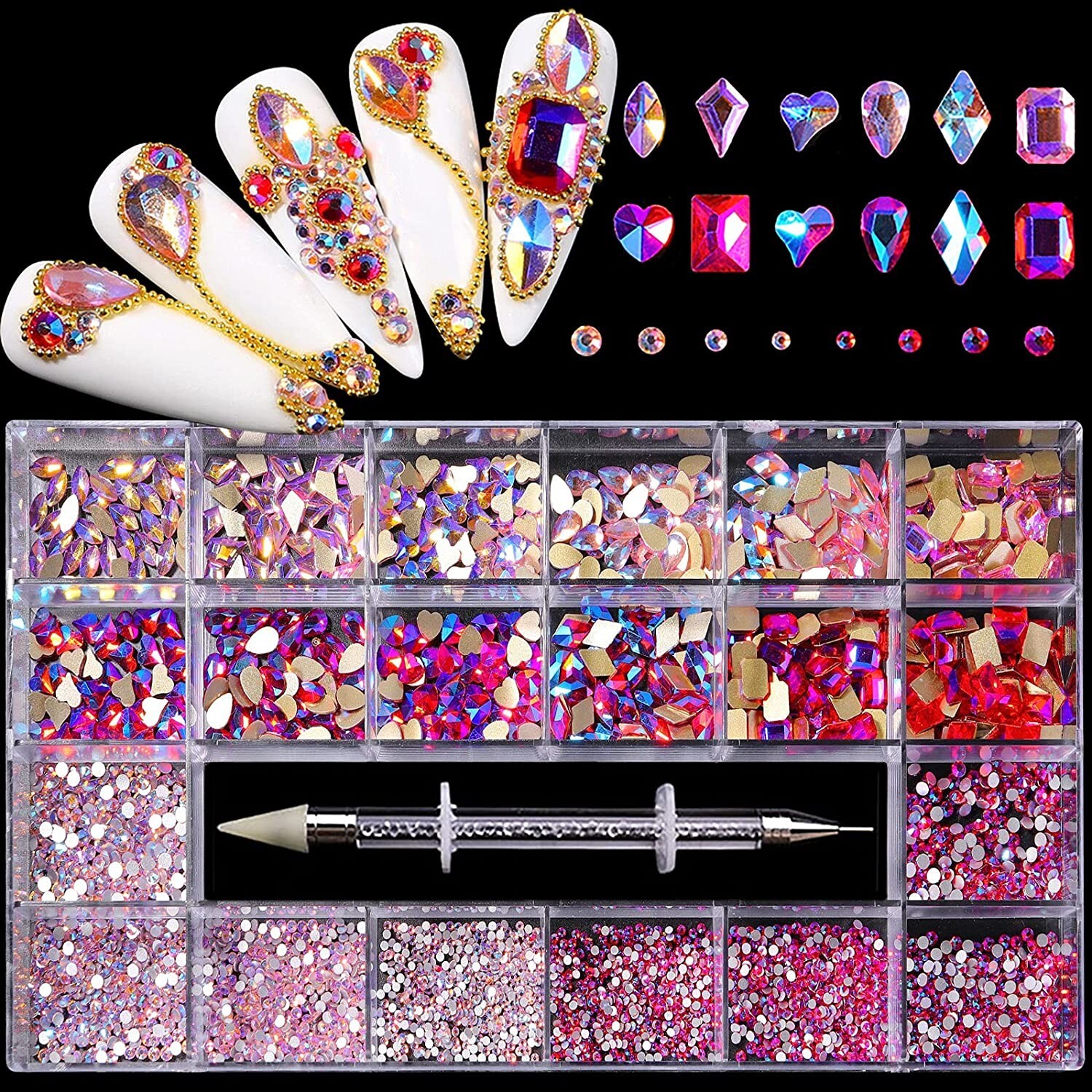 SANNE Nail Rhinestones Kit – 2000 Multi Shapes Pink Crystal Rhinestones for Nail