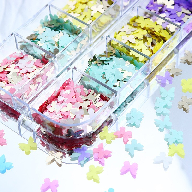 12 Grids Nail Sequins Flakes Art 3D Decoration Butterfly Accessories Glitter Set