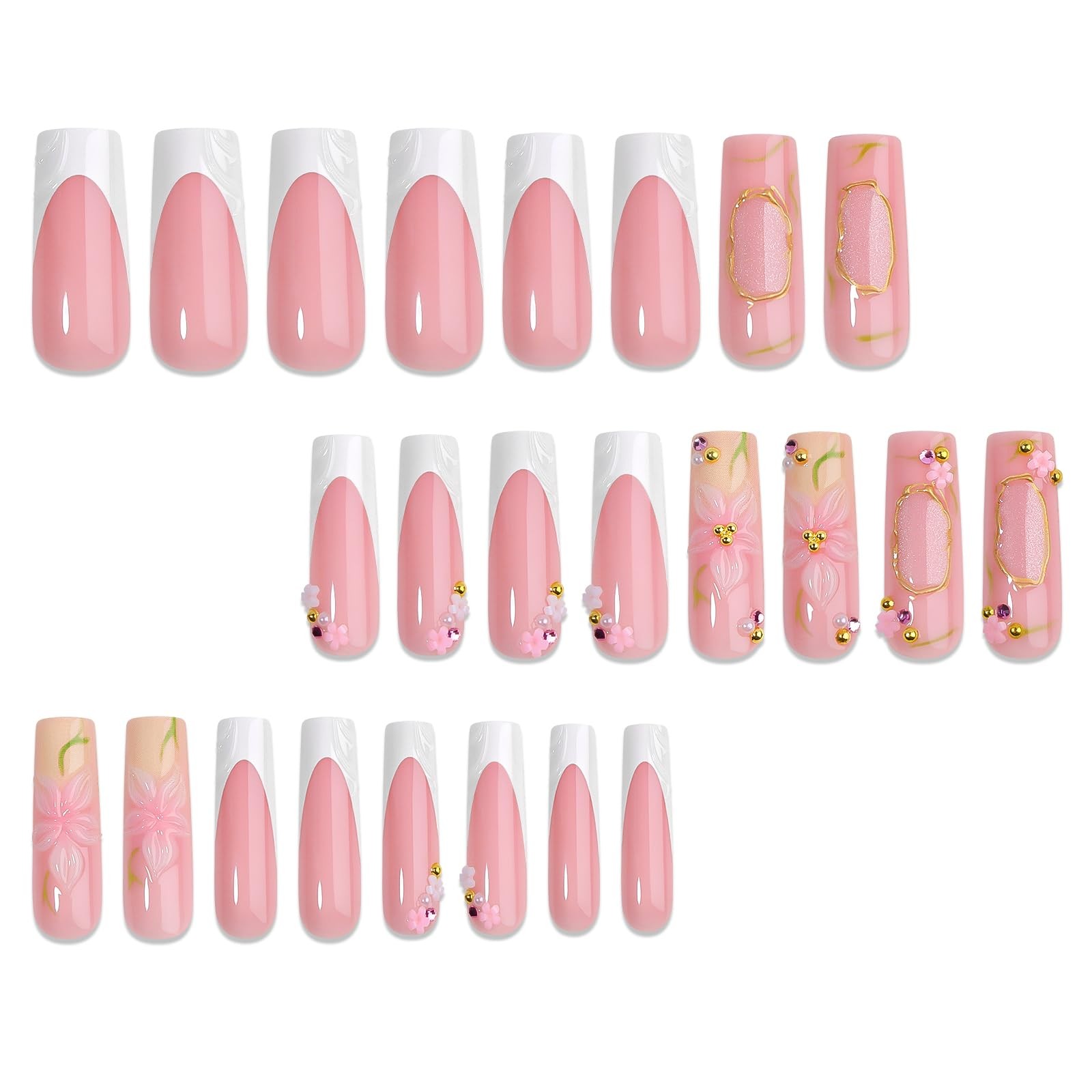 Long Press on Nails Square Press Ons White French Tip Fake Nails with 3D Whit…