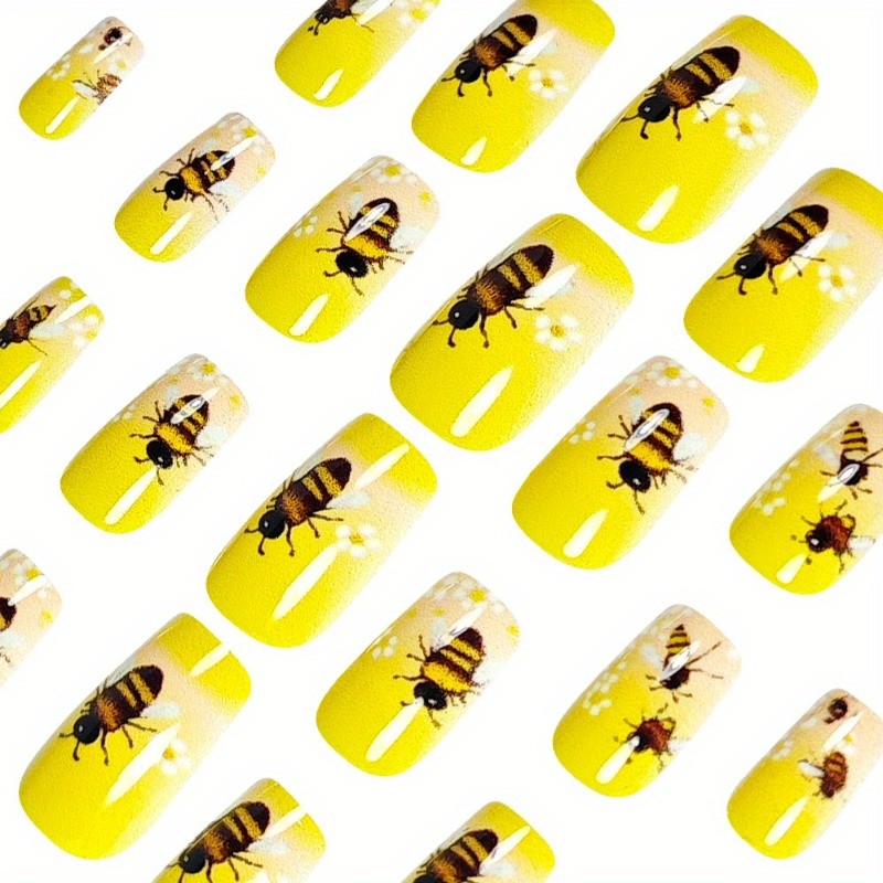 48 Elegant Yellow Gloss Flower Bee Spot Whitening Fake Nail Art