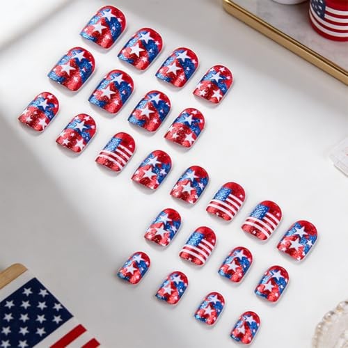Red American Press On Nails – 4th of July Short Fake Nail